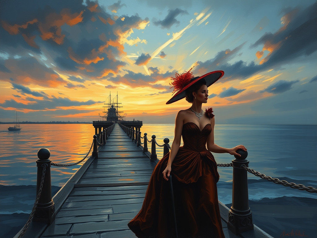 Victorian Couple's Romantic Seaside Stroll as Oil Painting