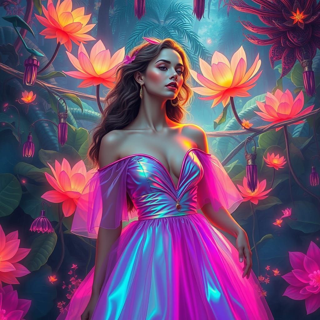 Psychedelic Garden Scene with Serene Woman, Digital Art