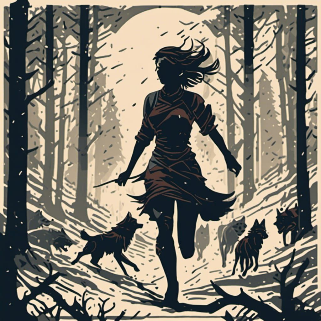 Woman Running with Wolves in Matte Painting Style