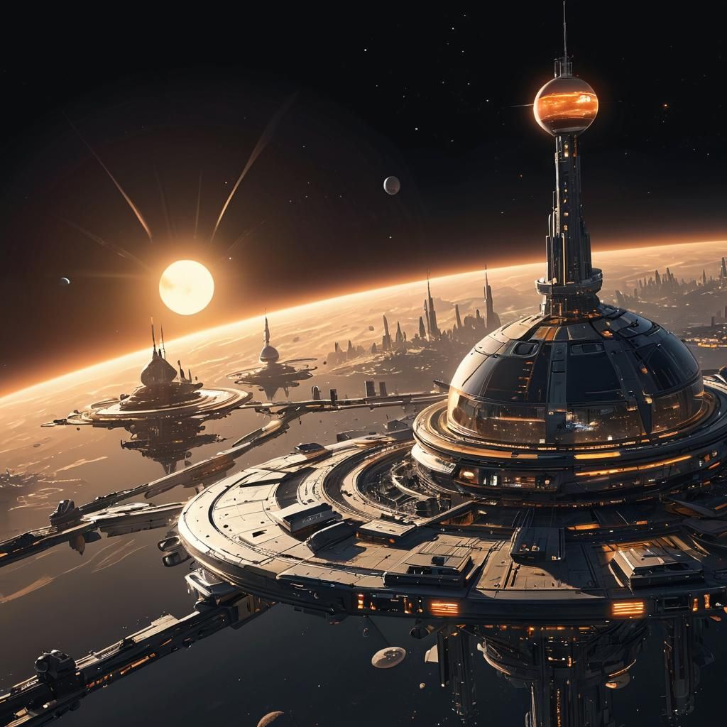 Retrofuturistic Space Station City in Art Deco Style