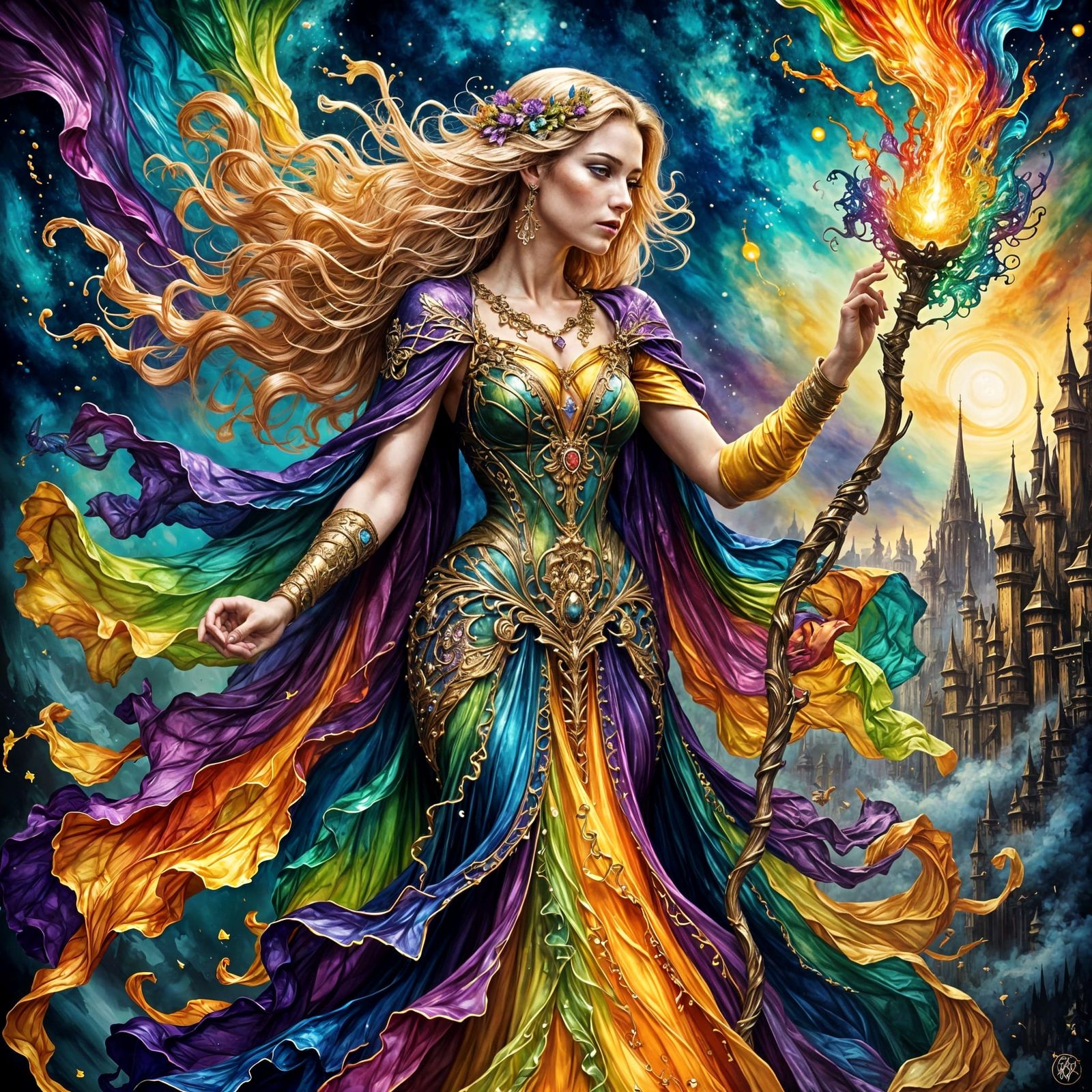 Sorceress Morgana Le Fey Casting a Spell in Vibrant, High-Co...