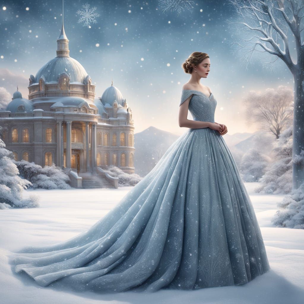 Elegant Winter Ball Gown Scene in Art Deco Style
