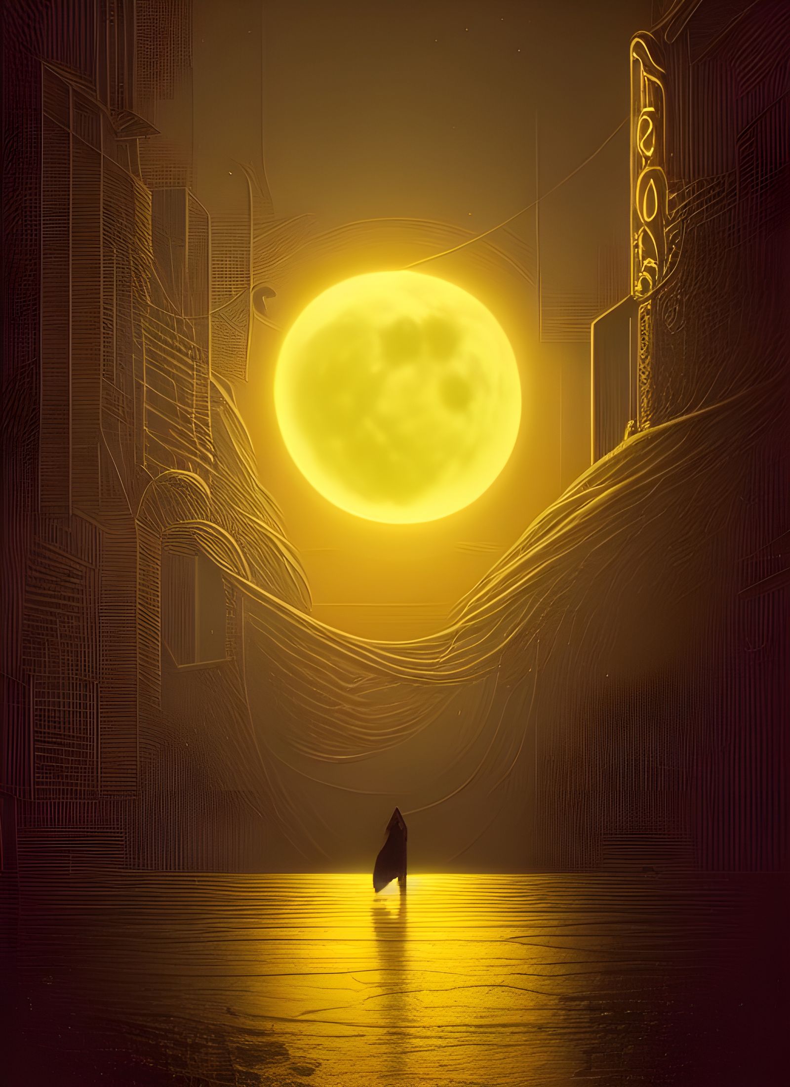 Golden Moon Over Neon Cityscape: Digital Art