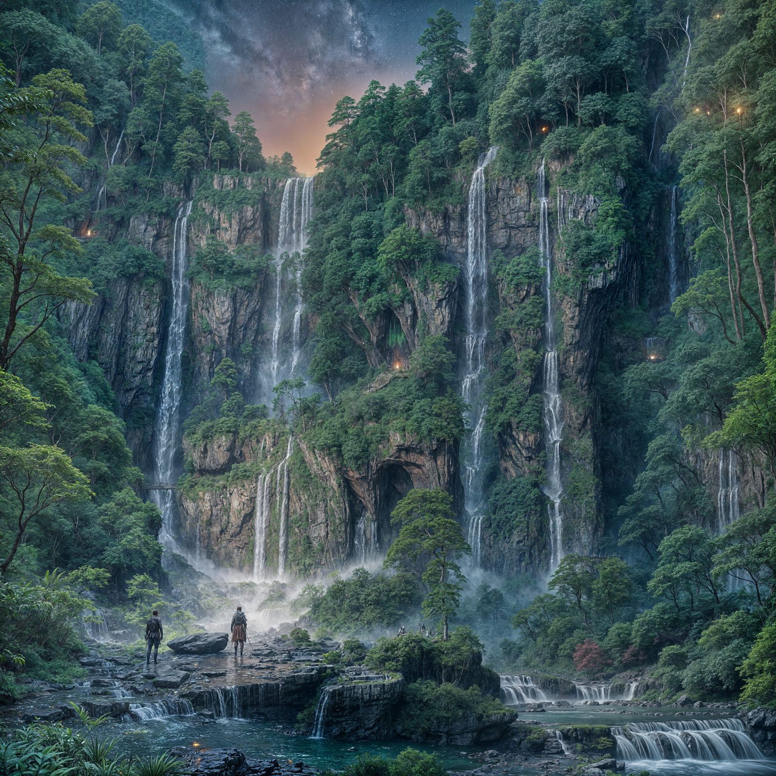 Ethereal Waterfall under Starry Night Sky