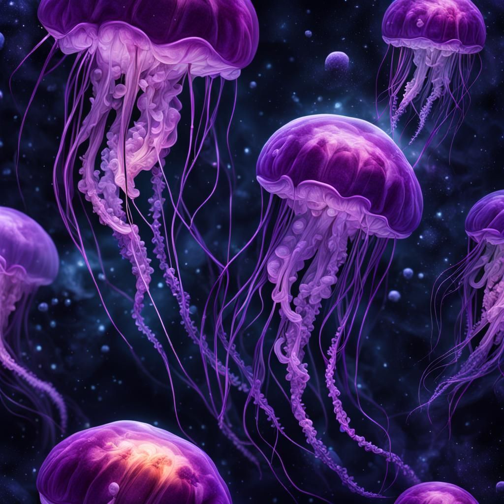 Hyperrealistic Purple Jellyfish Drifting Through Space