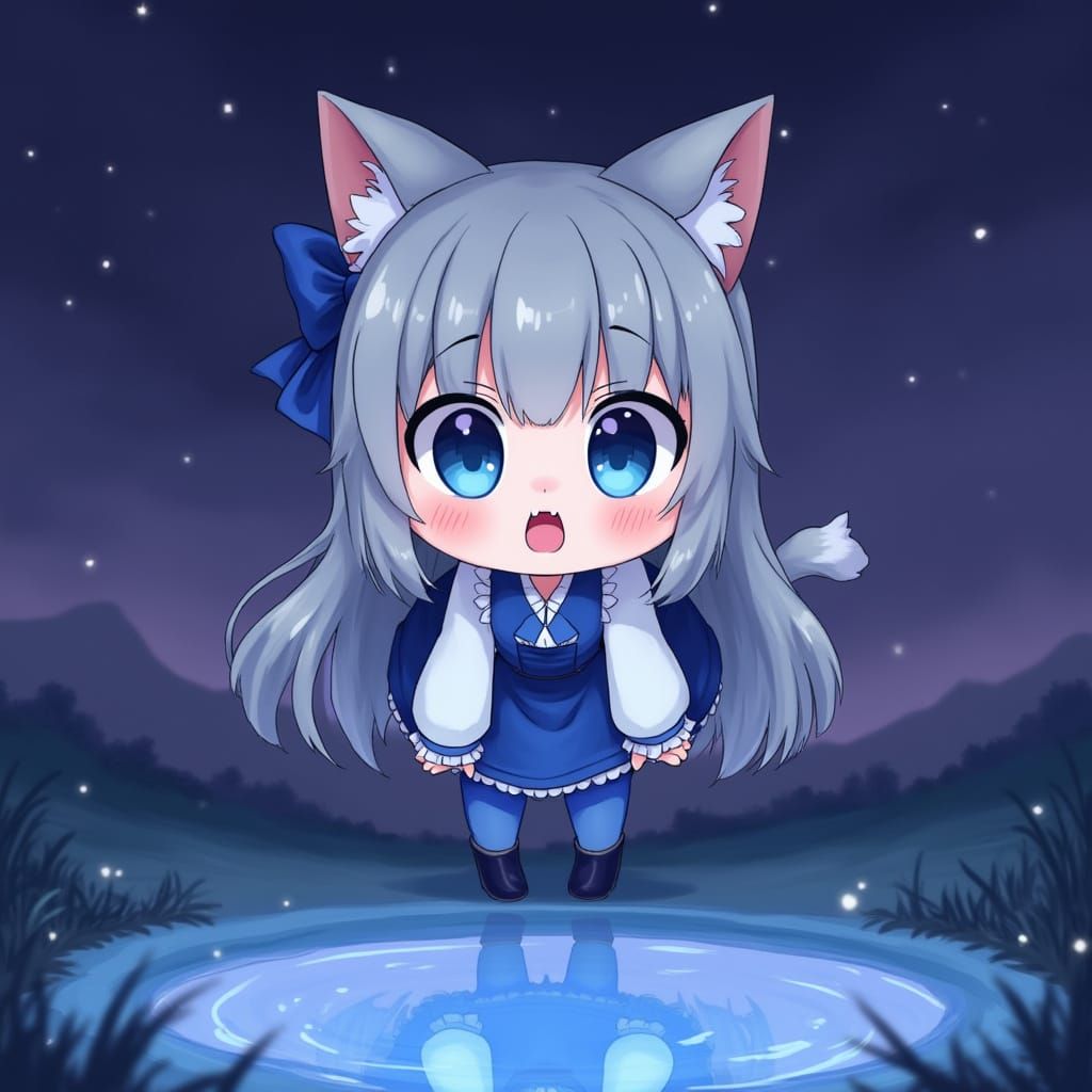 Whimsical Anime Catgirl Contemplates Magical Puddle in Moonl...