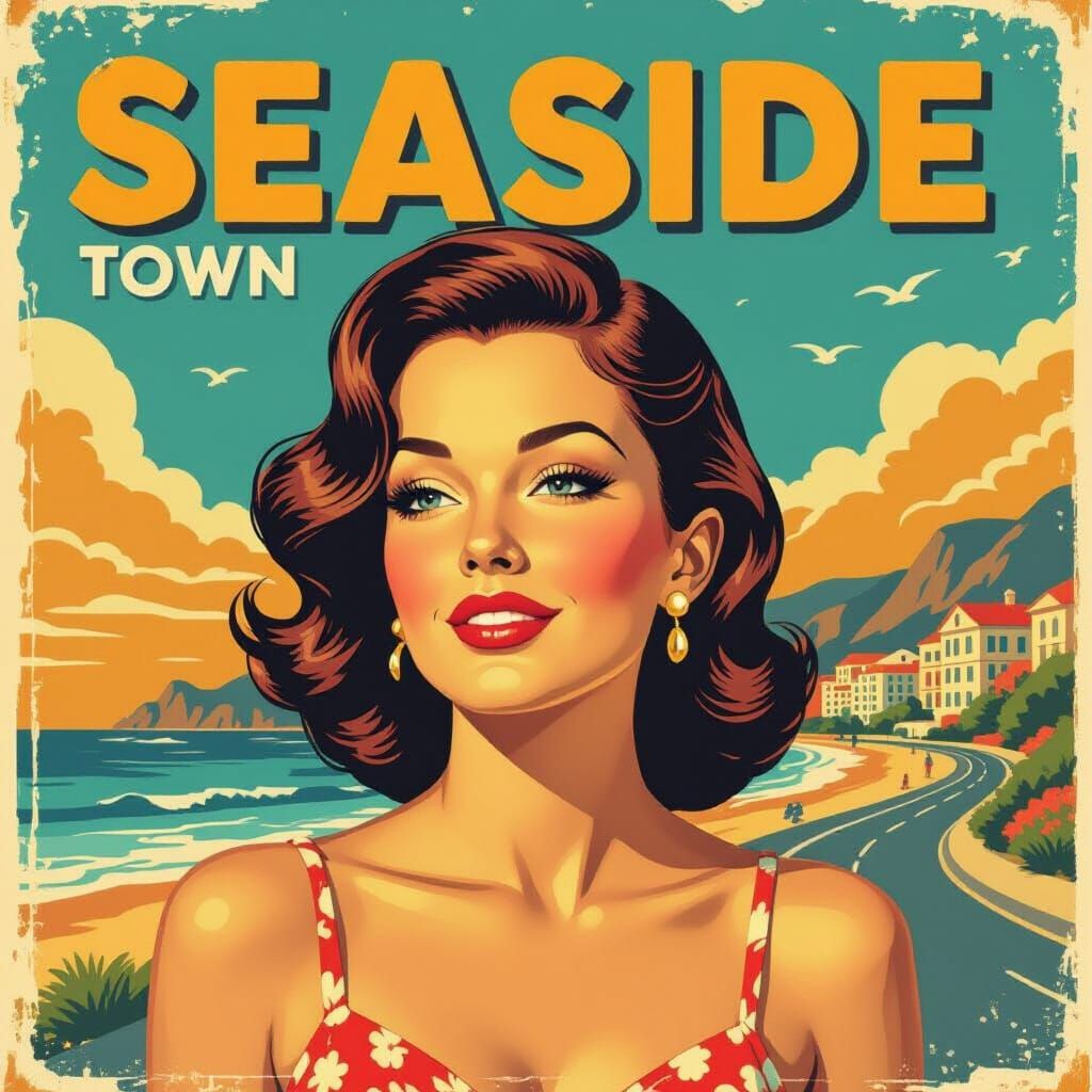 Mid-Century Seaside Town Poster in Teal & Orange