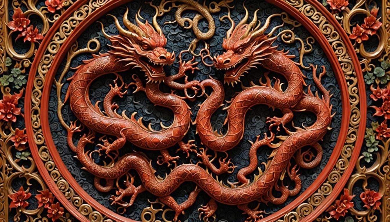 Ornate Thai Dragons Sculpture in Red Coral and Ebony