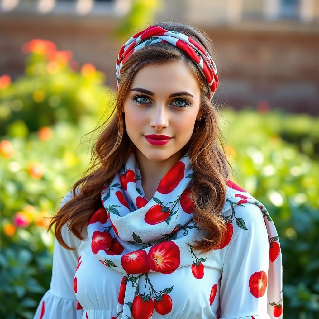 Tomato Garden Fantasy: Woman in Red Print Dress