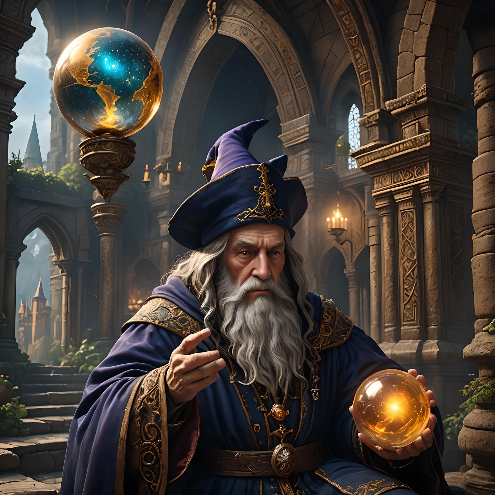 Renaissance Wizard Contemplating Orb: Detailed Matte Paintin...