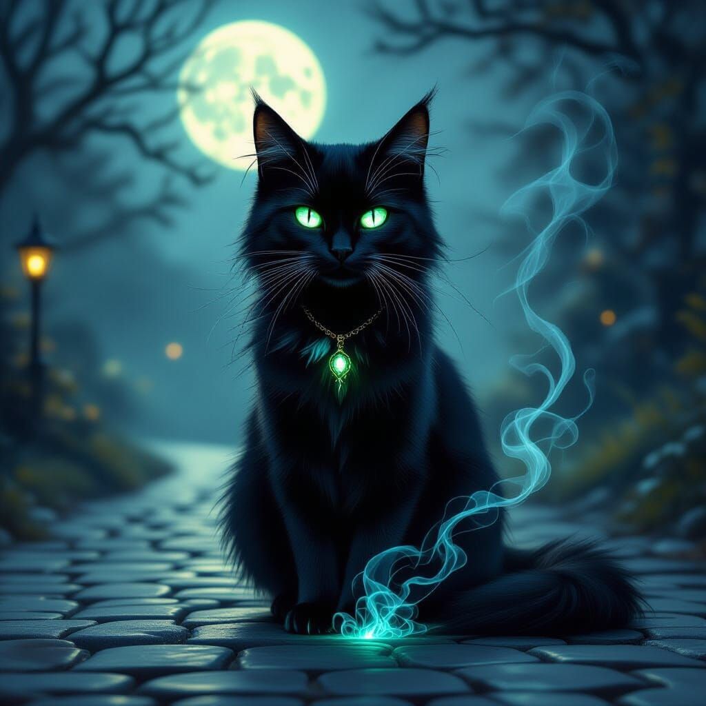 Mystical Black Cat with Emerald Eyes in Dark Fantasy Style