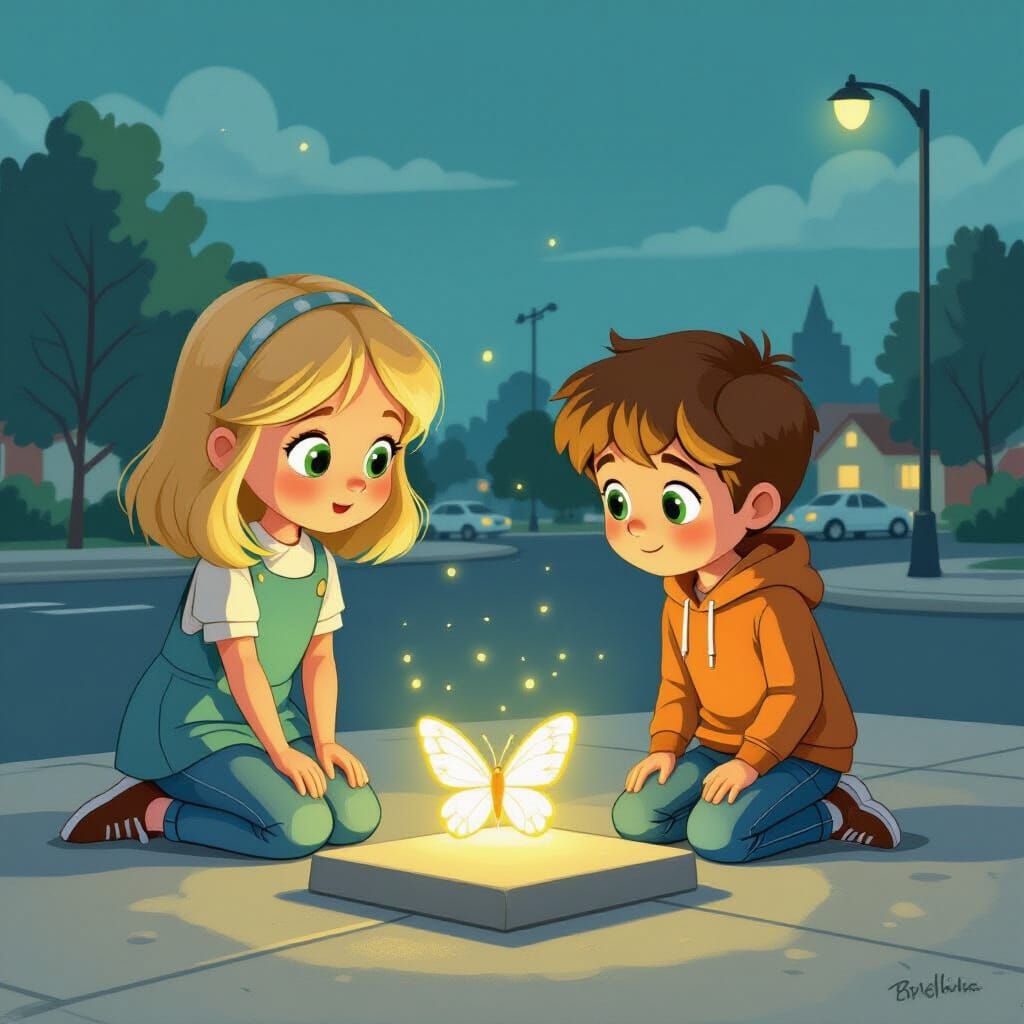 Children and Glowing Butterfly Art, Whimsical Style