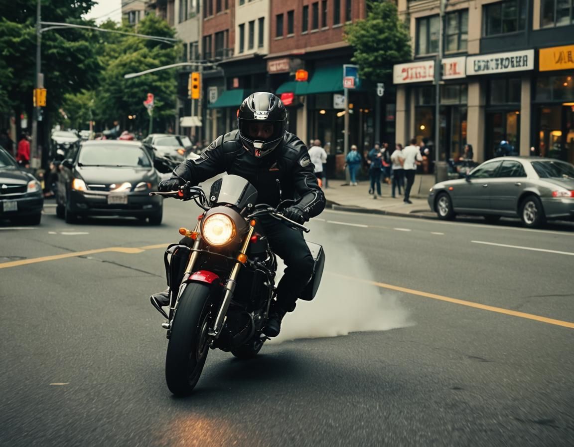 Motorcycle Rides Full Speed Through Seattle: Cinematic Still