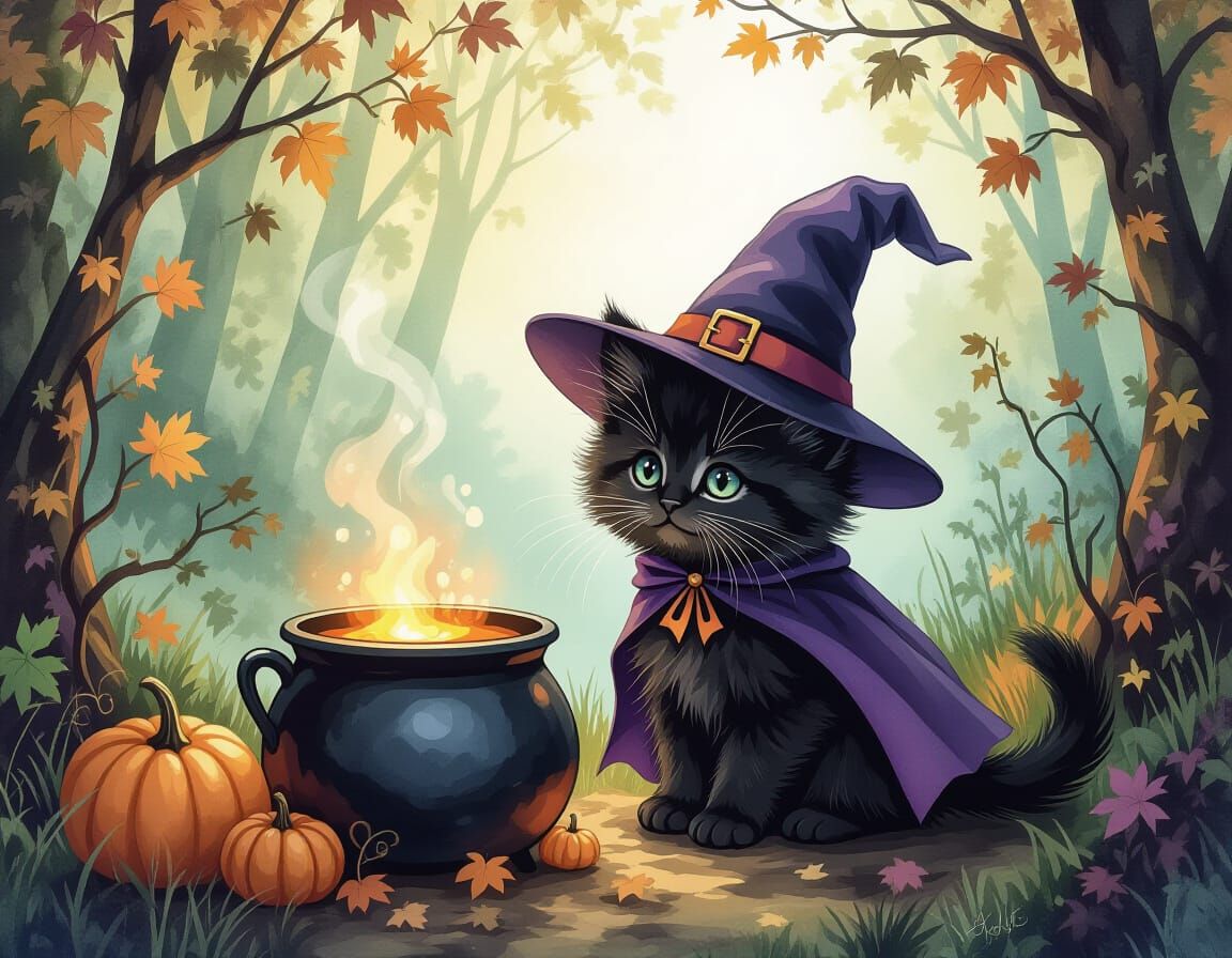 Fluffy Black Kitten in Witch Hat by Bubbling Cauldron