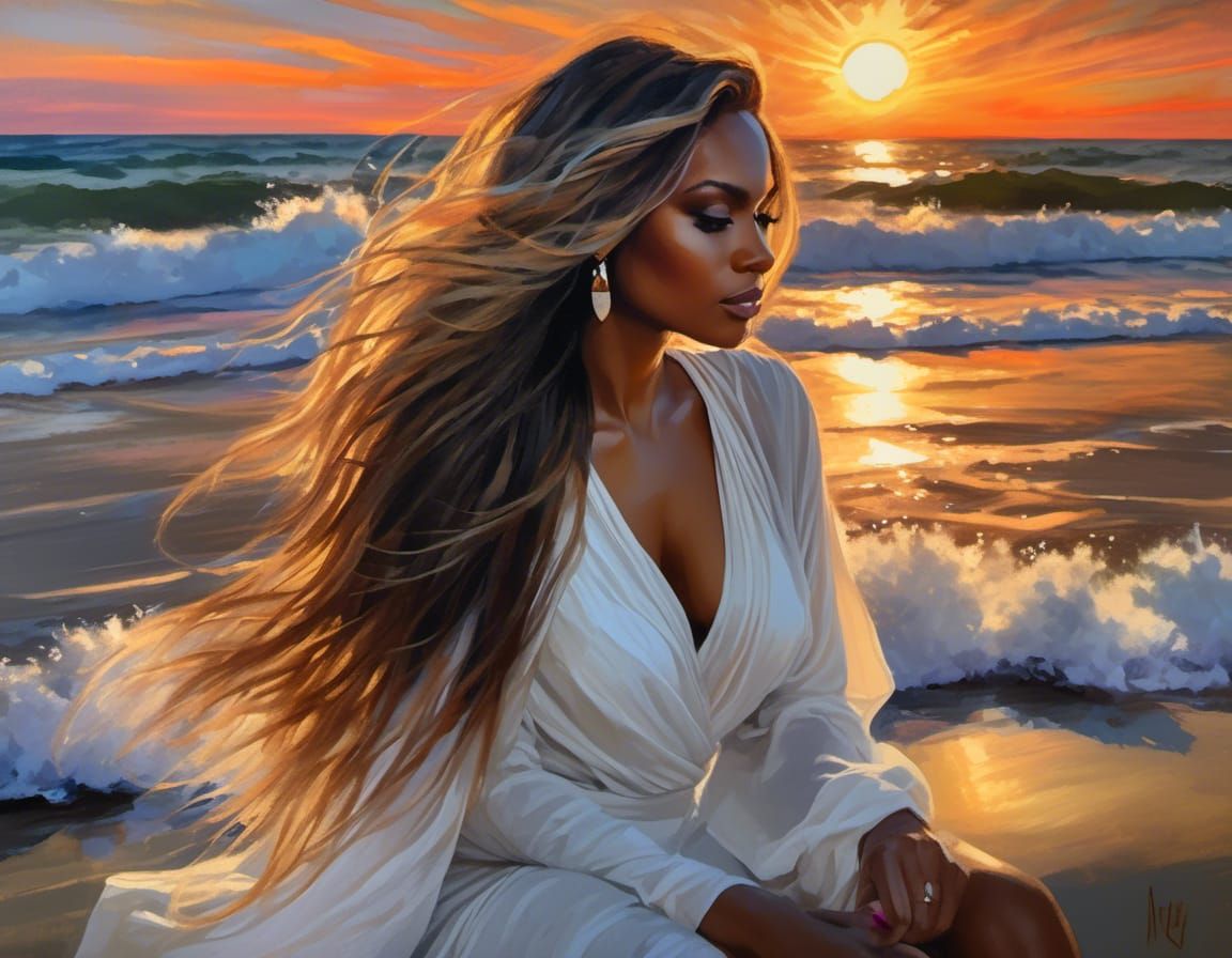 Beautiful Woman Portrait on Beach with Sunset