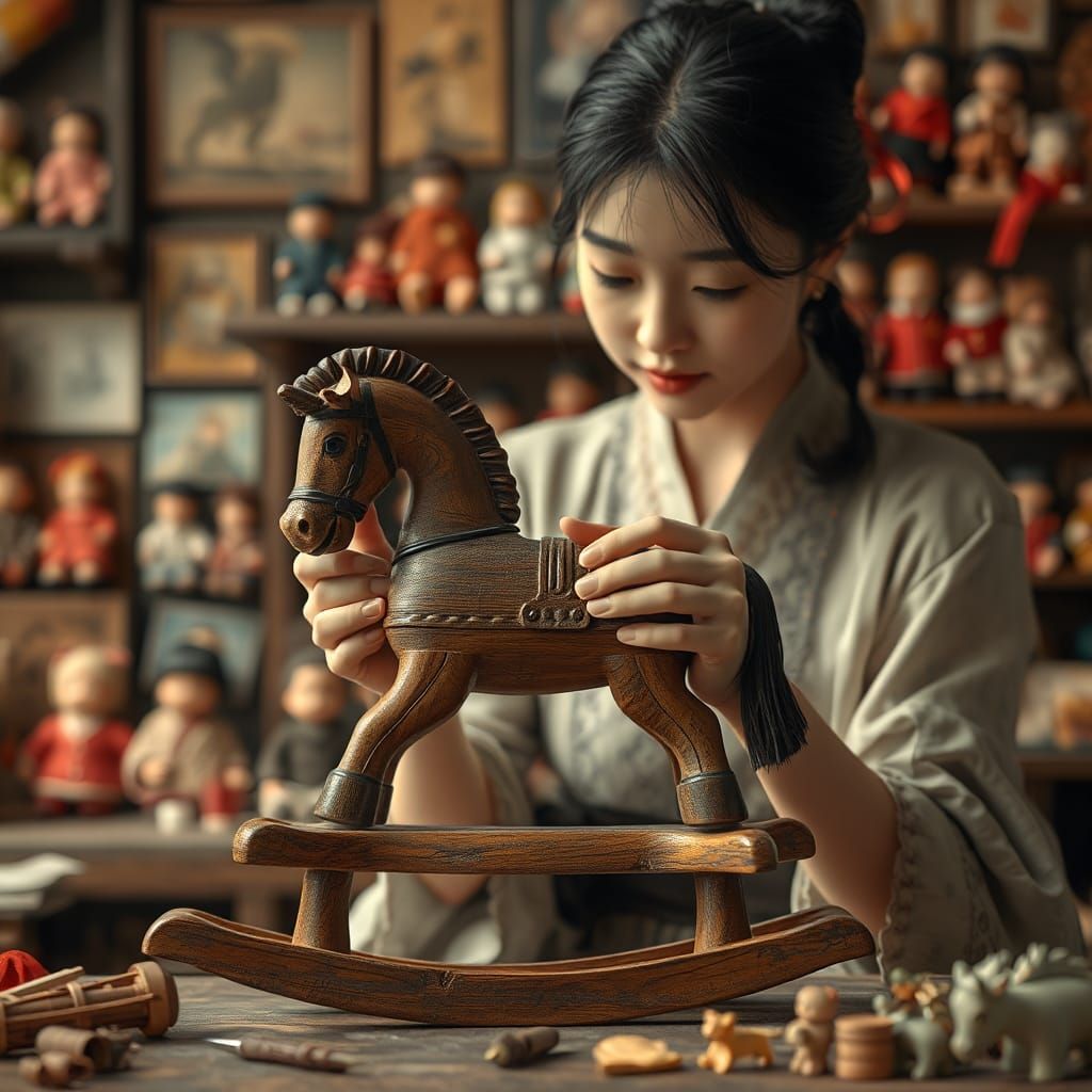 Japanese Woman Repairs Toy Rocking Horse, Renaissance Style