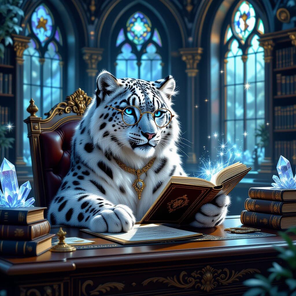 Snow Leopard Scribe in Floating Book Library