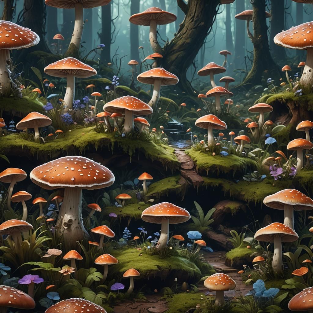 Enchanted Forest Clearing with Detailed Mushrooms