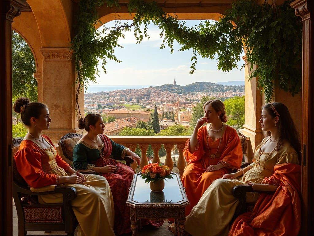 Elegant Women in Lavish Loggia Setting, Inspired by Caravagg...