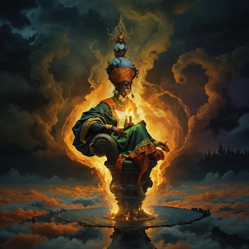 Queen Iikhy and Witches Over Mystical Cityscape