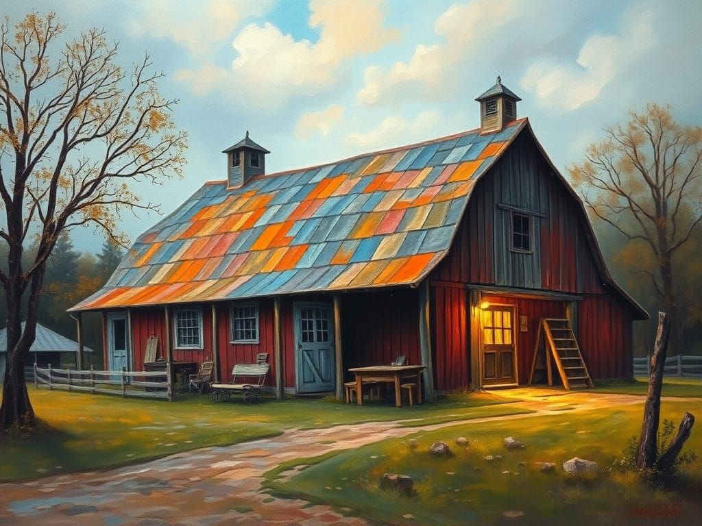 Surreal Impasto Painting of a Vintage Barn in a 19th-Century...
