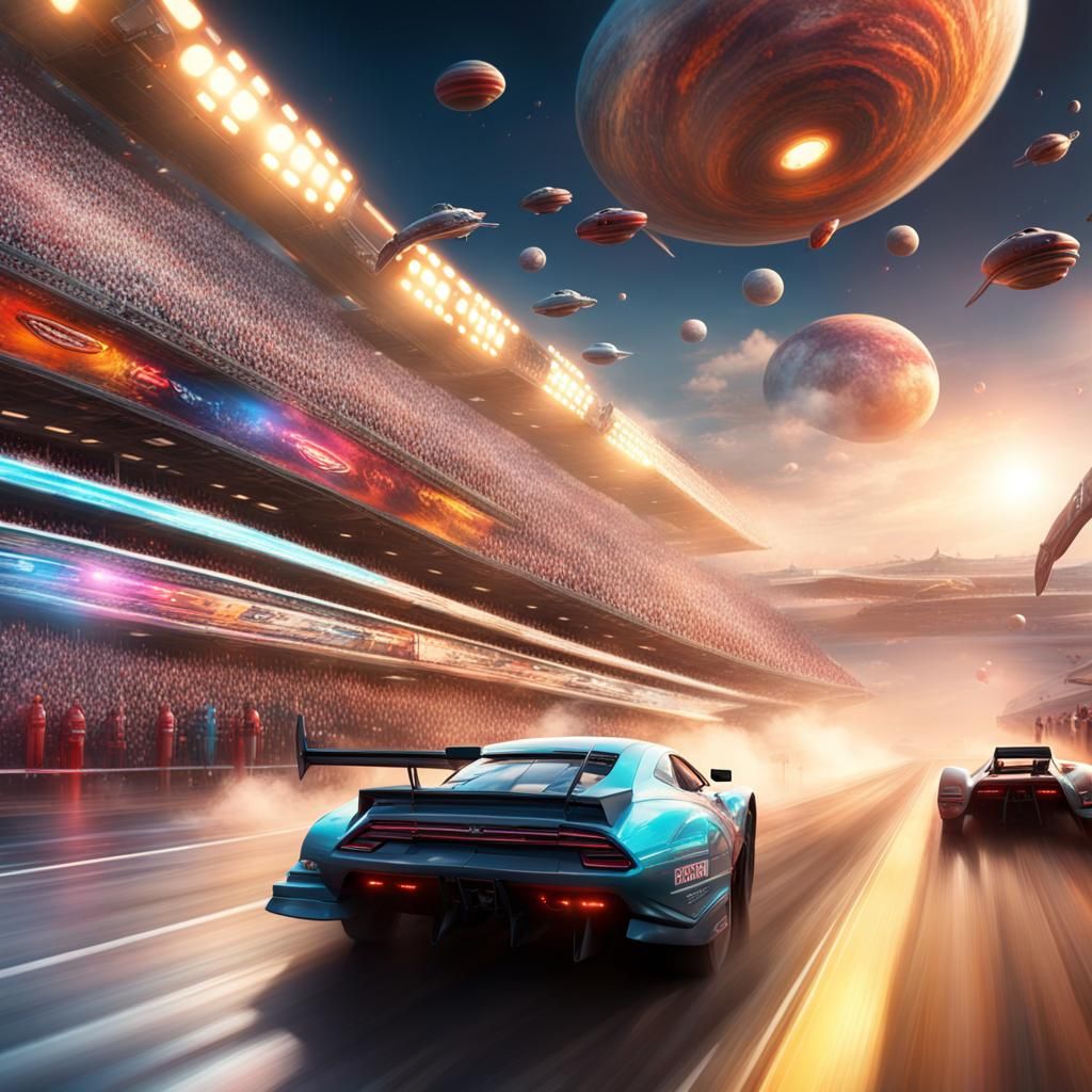 Hyperrealistic Space Drag Race in Digital Painting