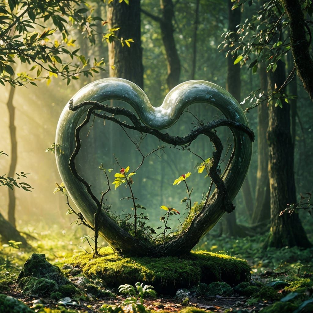 Heart of Stone: A Surrealist Glass Sculpture Overgrown by Na...