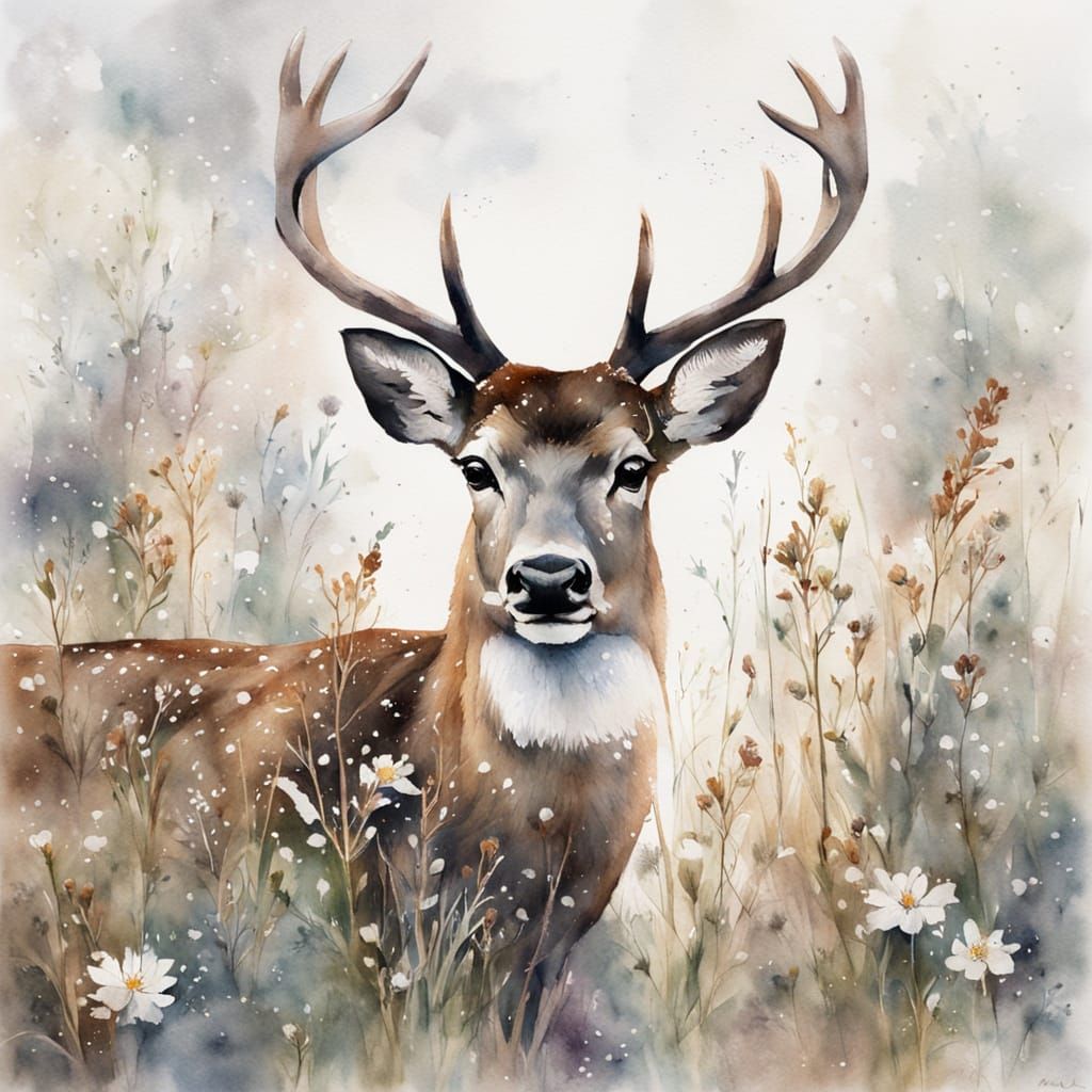 Realistic Watercolor Deer in Snowy Winter Landscape