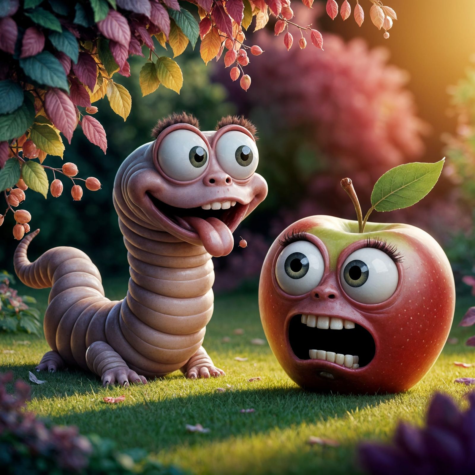 Cartoon Worm Chasing Terrified Apple in Enchanted Landscape
