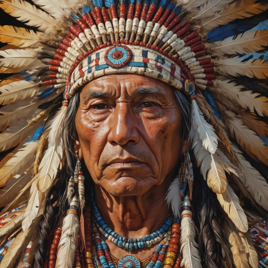 Native American Chief Portrait in Impressionistic Oil