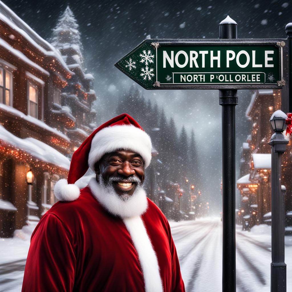 Black Santa Claus in Winter Wonderland, Hyperrealistic HDR