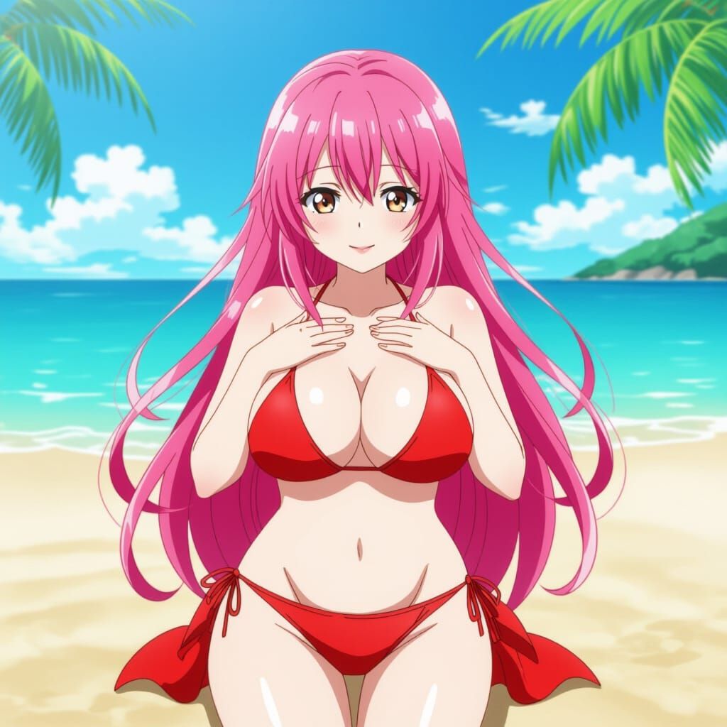 Anime Woman in Bikini on Beach with Pink Hair