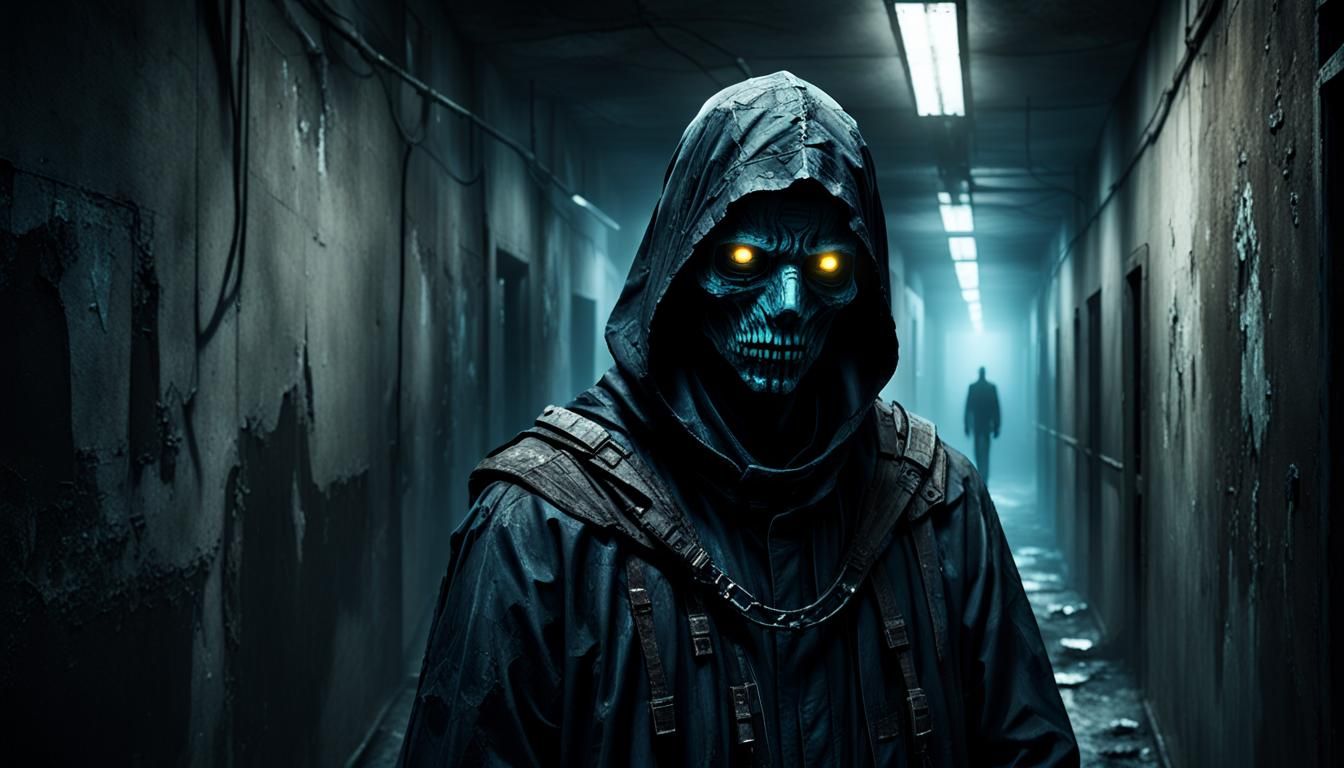 Dystopian Boss Figure in Abandoned Hallway