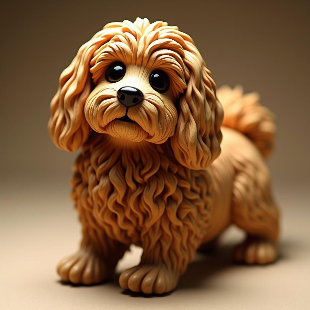 Wooden Havanese Dog Sculpture with Intricate Detail
