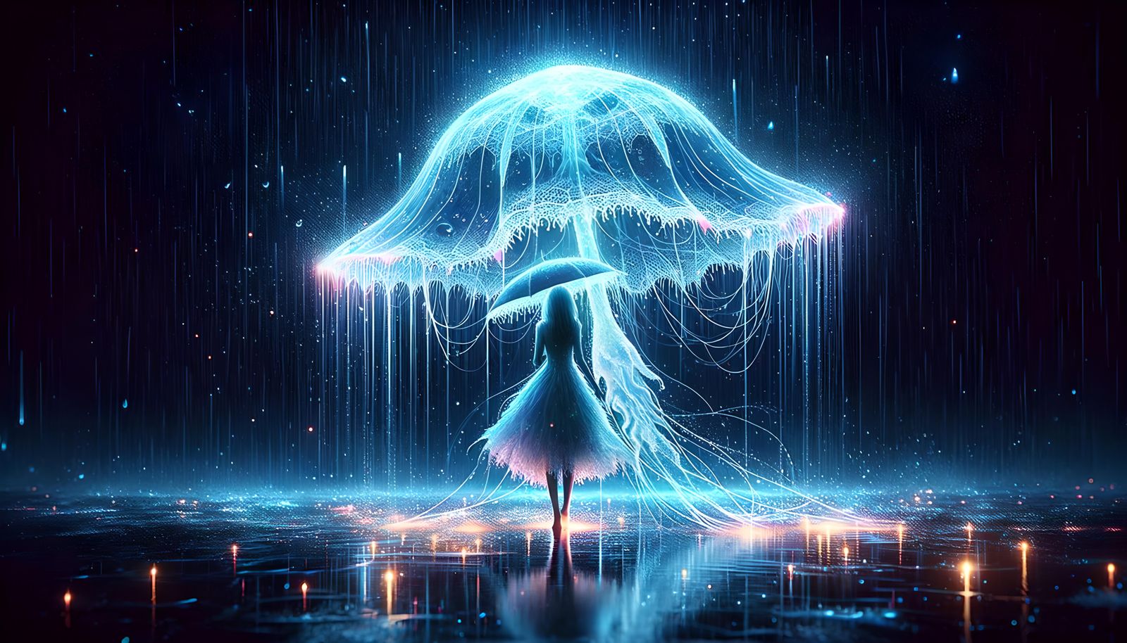 Woman with Jellyfish Umbrella in Rainy Night