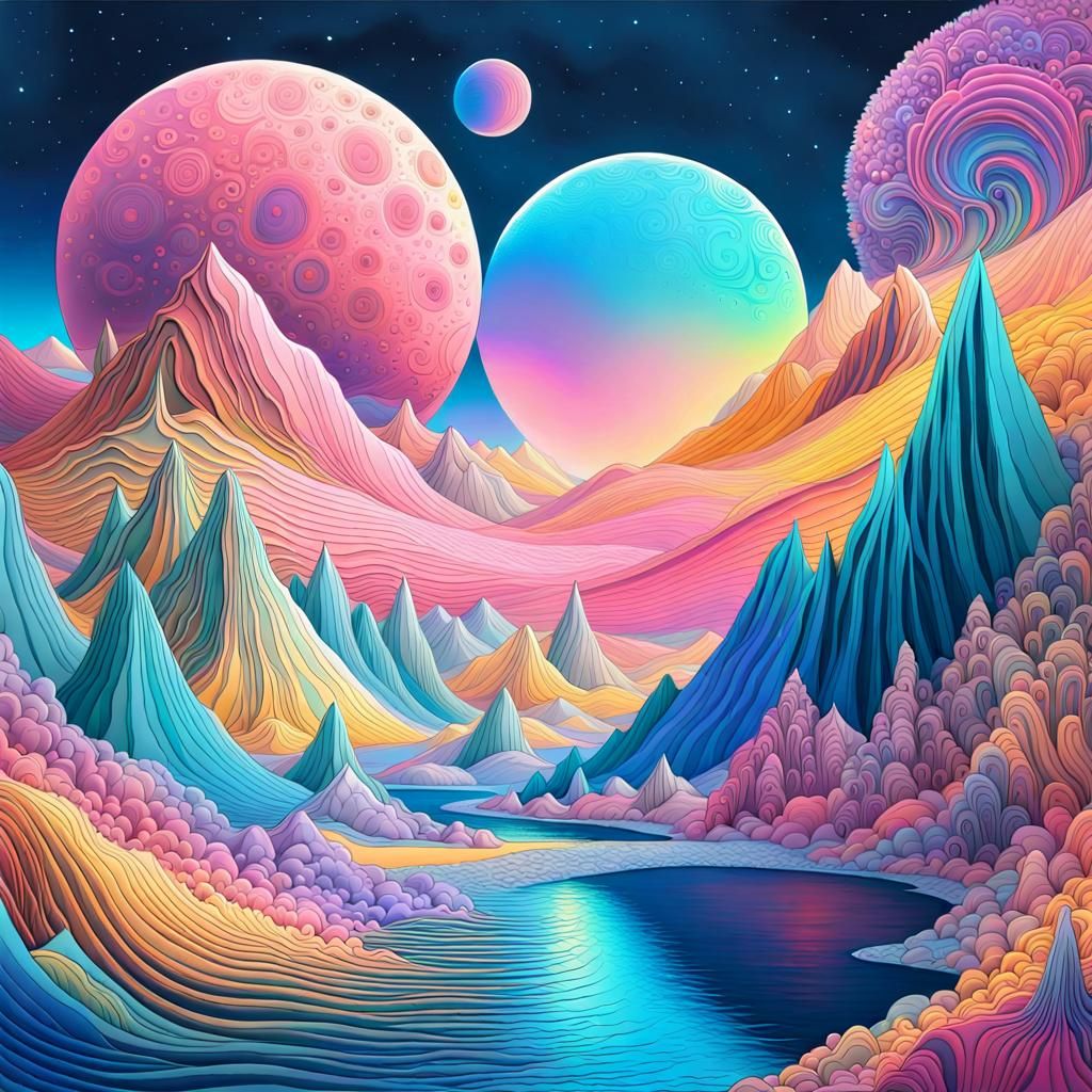 Pastel Alien Seascape with Abstract Moon