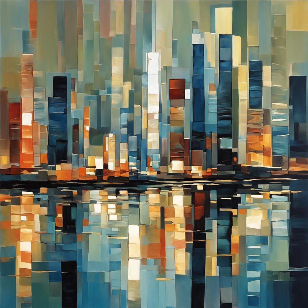 Abstract Cityscape at Night with Cubist Elements