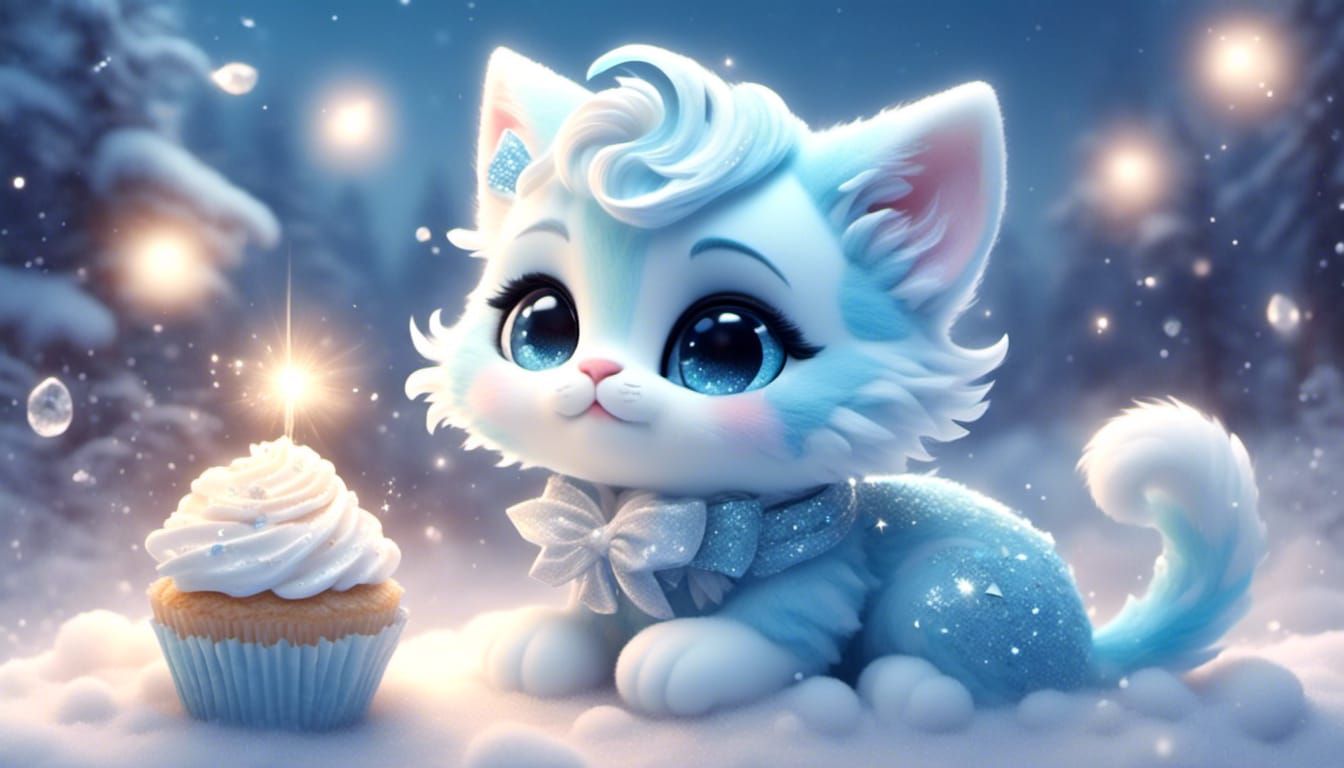 <lora:Glitter and Diamonds:1.0> <lora:SapphSnow:1.0> stunning image of chibi cute kitten holding cupcake floating on sno...