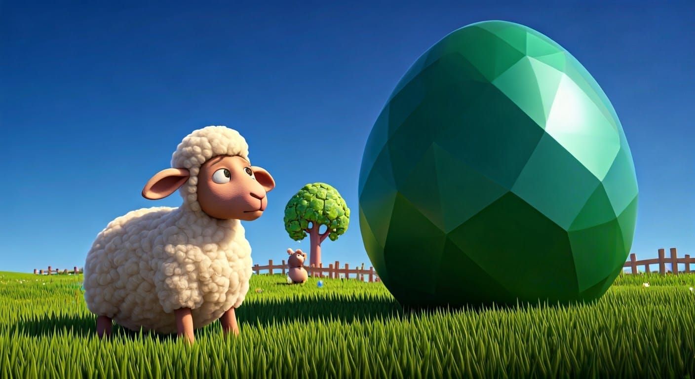 Pixar-Style Sheep Contemplates Vibrant Easter Egg in Whimsic...