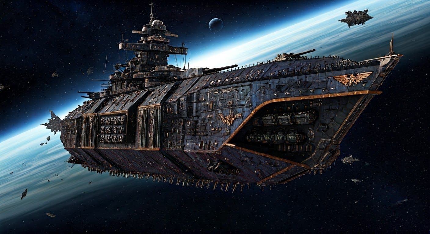 Gothic Spaceship in Cosmic Nebula: Warhammer 40k Aesthetic