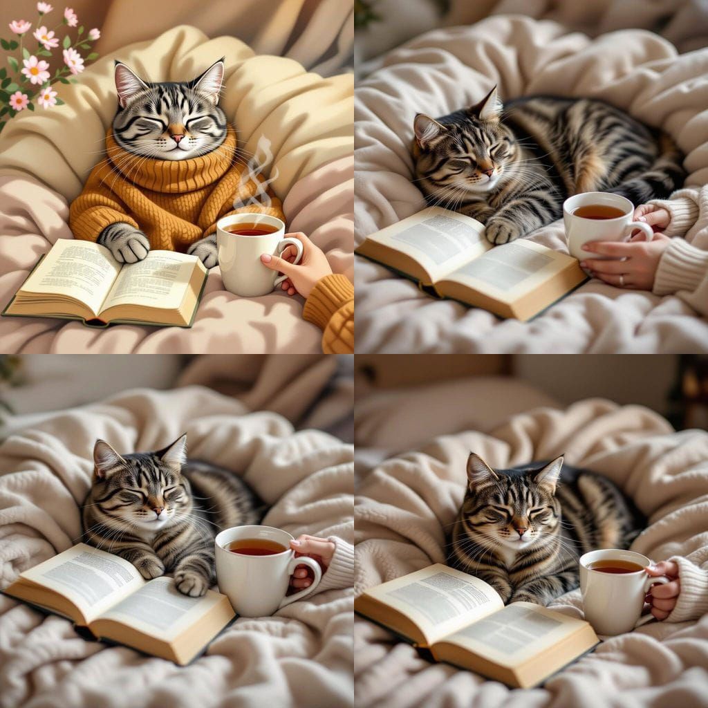 Cozy Tabby Cat Relaxing with Tea