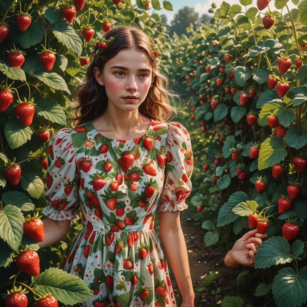 Young Woman in Strawberry Field: Hyperrealistic Splash Art