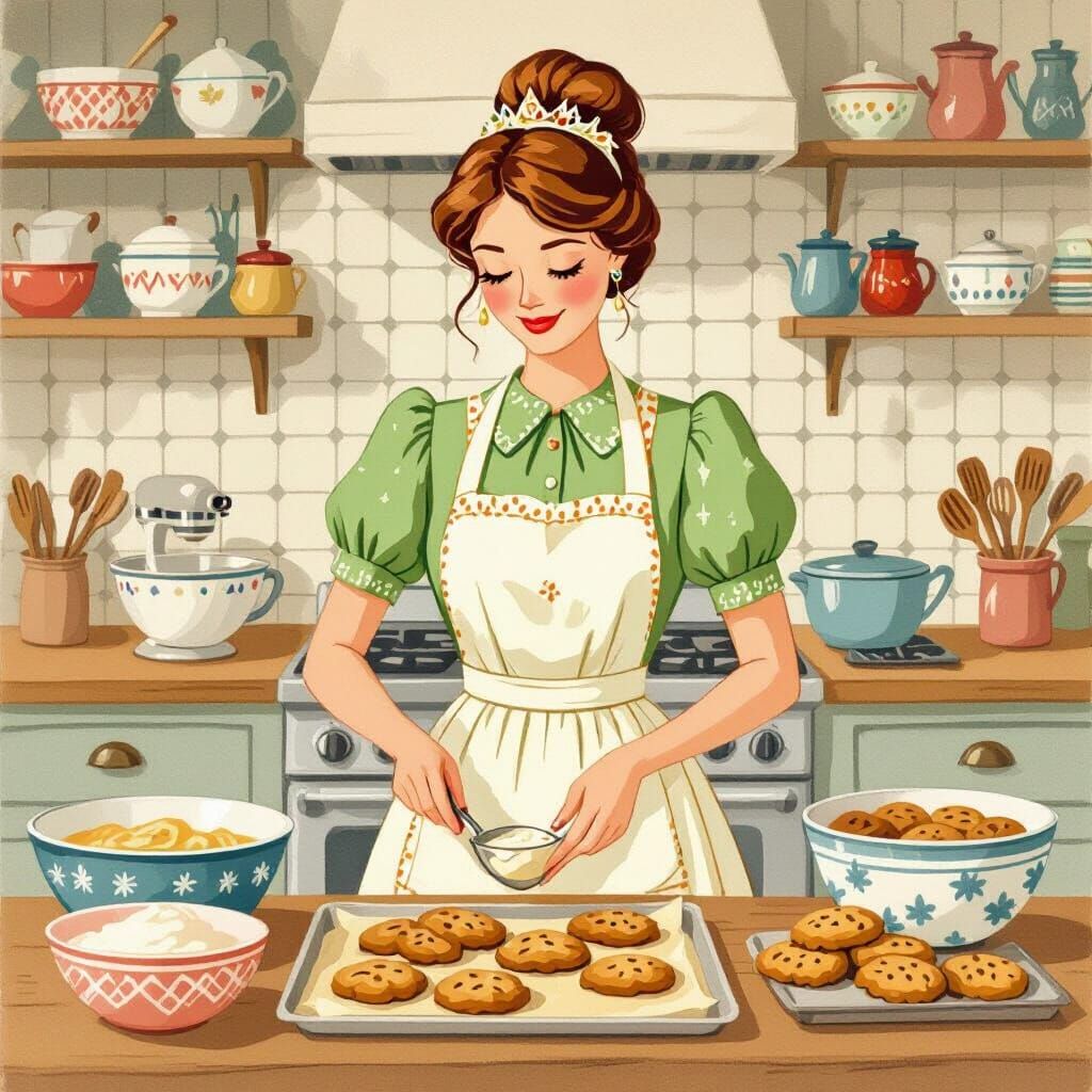 Queen Baking Banana Nut Bread, Illustrated Style