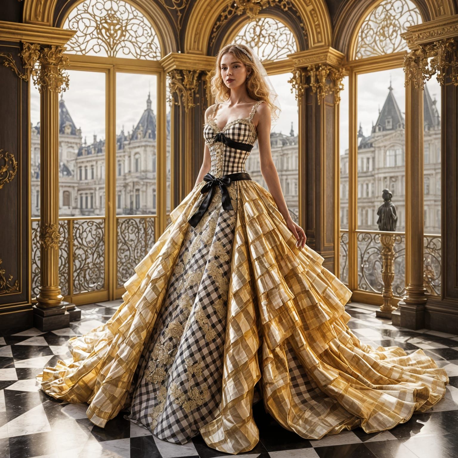 Surreal Gingham Wedding Dress in Art Nouveau Architecture