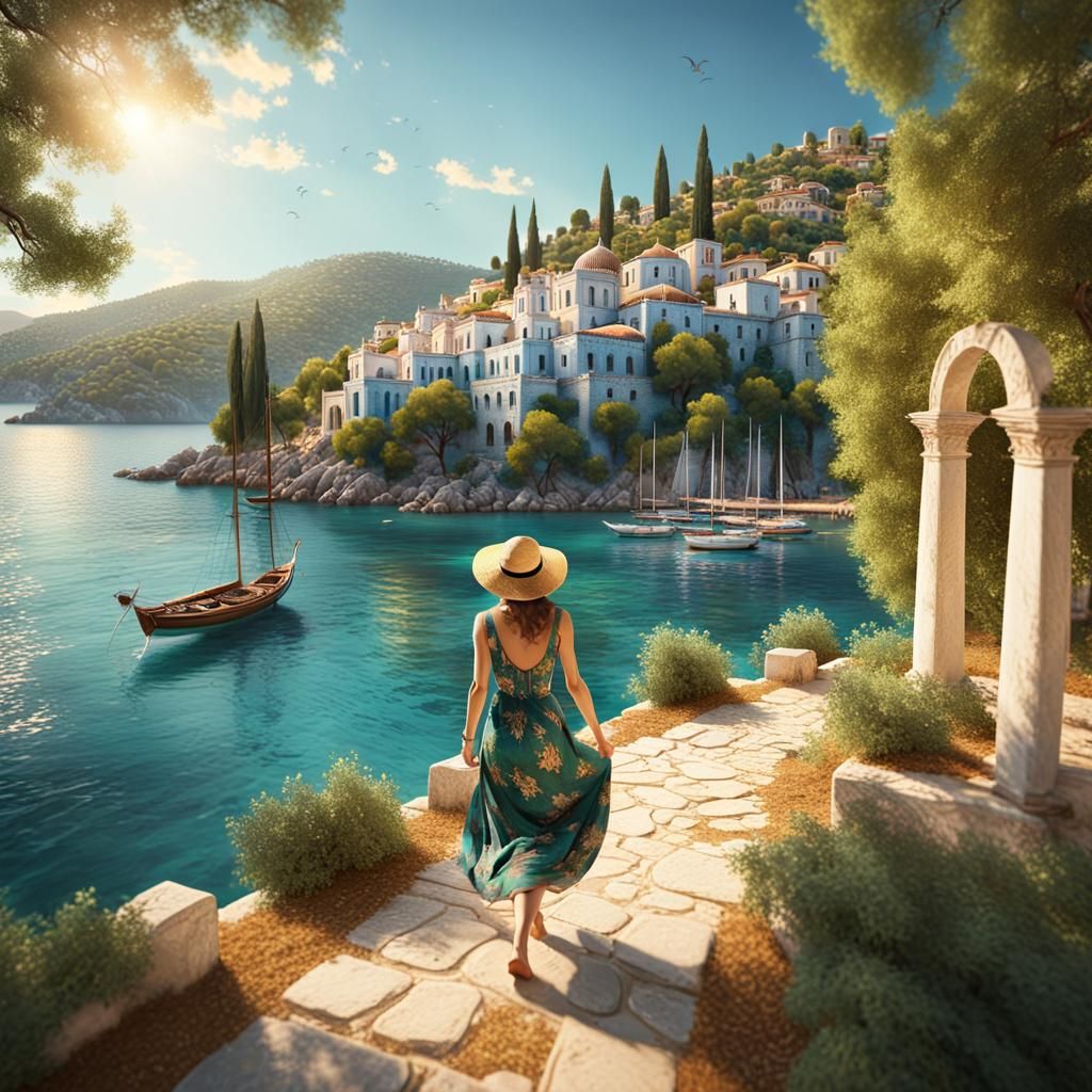 Greek Island Scene in Travel Poster Style