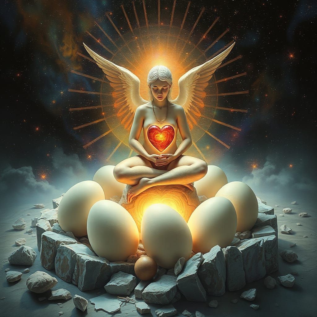 Astral Mother Watching Life Emerge: Holographic Illustration