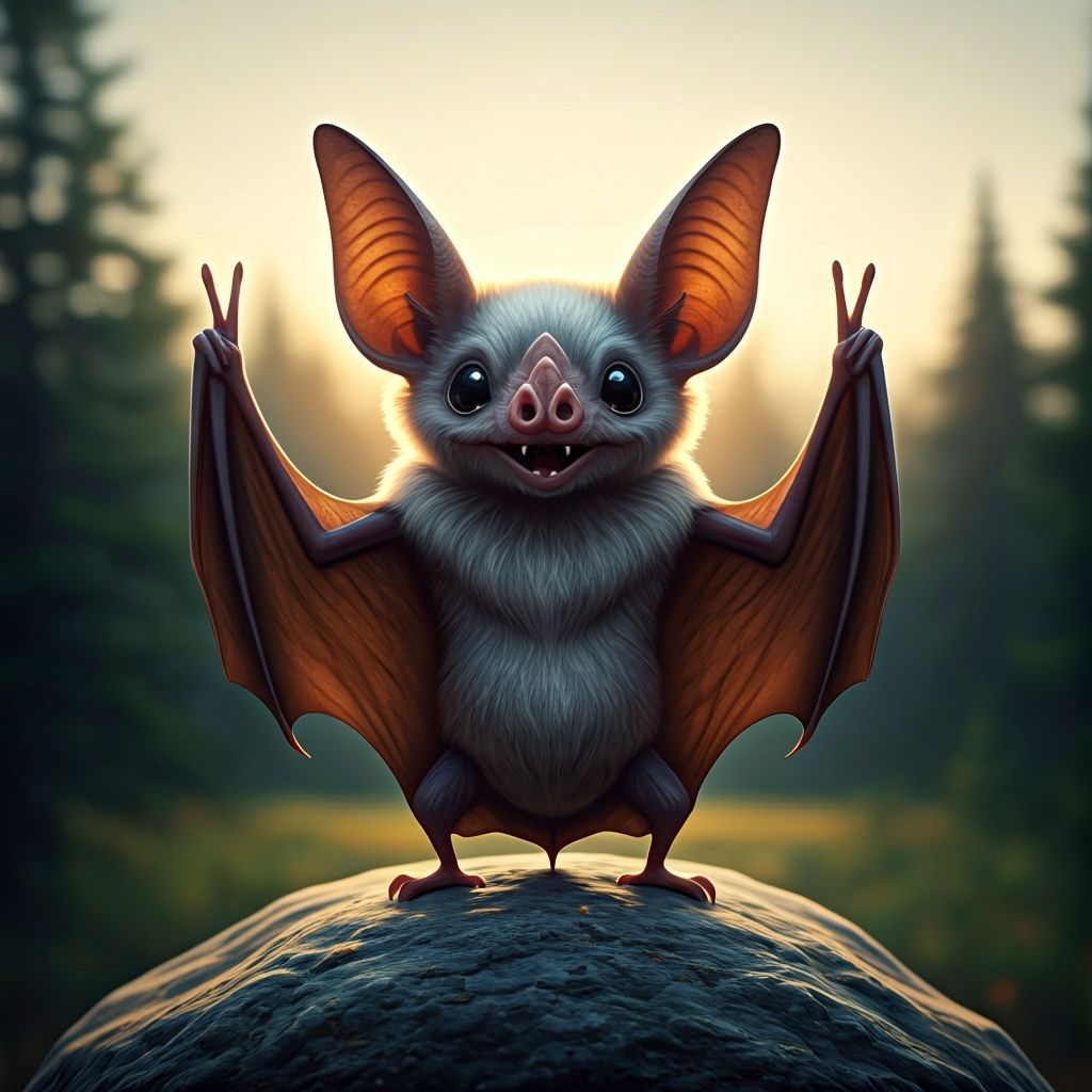 Cheerful Bat in Calm Forest Making Peace Sign