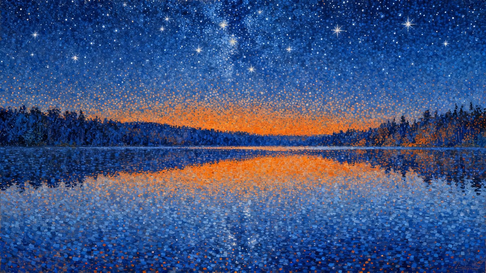 Pointillist Mirror Lake Under Starry Night Sky