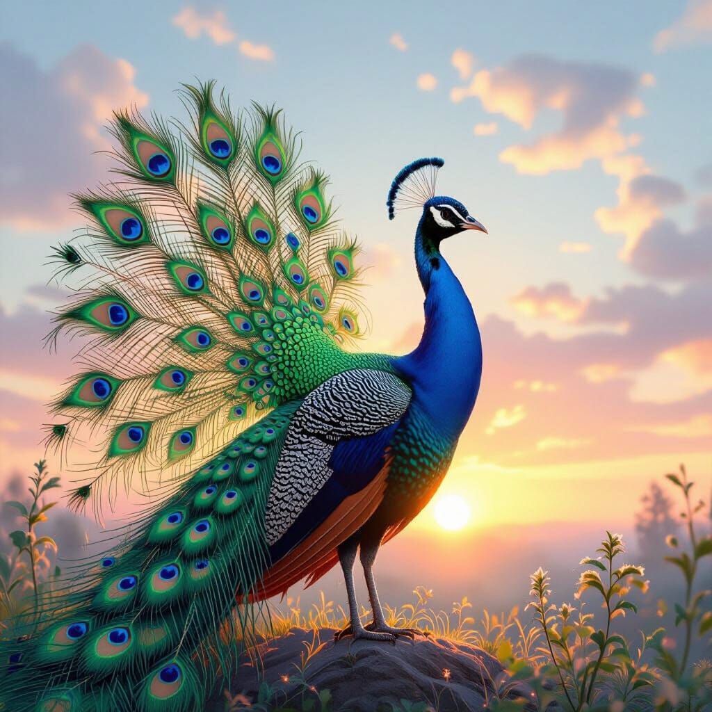 Majestic Peacock at Sunrise with Crystal Sky