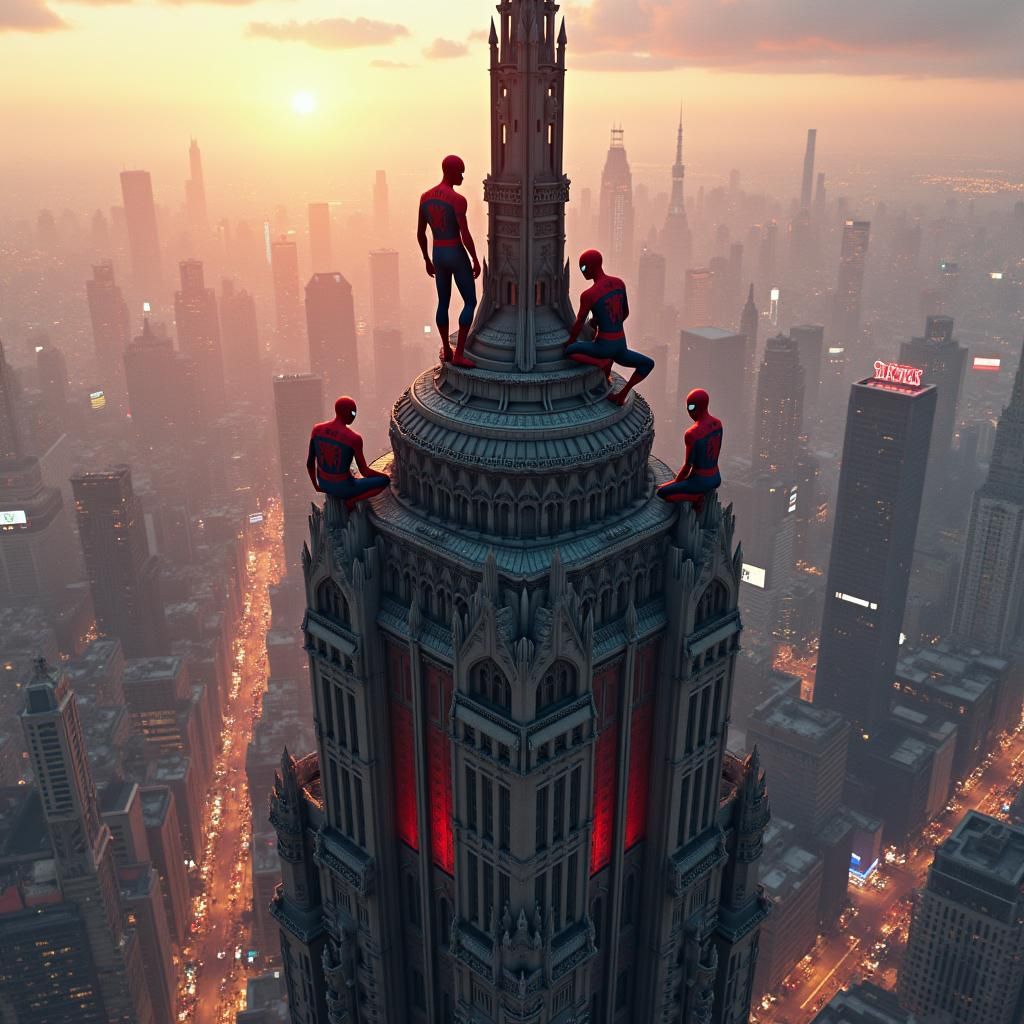 Spider-Men Watch Over Gothic Cityscape in Detailed Digital A...